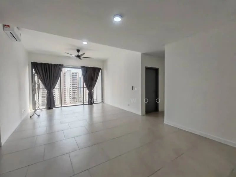 Living features: large floor-to-ceiling windows, grey tiled flooring, white painted walls, 5-blade ceiling fan with light, curtains in dark grey, air conditioning unit on wall, open layout, natural light from windows; style: modern; view: city.