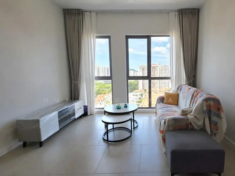 Living features: light grey walls, large windows, floor-to-ceiling windows, sheer curtains, sofa with patterned throw, coffee table, TV console, area rug, tile flooring, decorative cushions, view of city skyline; style: modern; view: city.