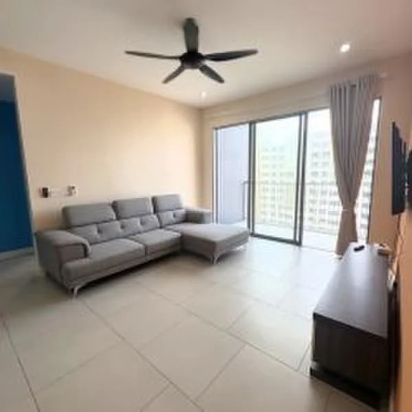 Living features: 3-seater fabric sofa in grey, L-shape sectional sofa, ceiling fan, wall-mounted TV, TV console, sliding glass door, floor-to-ceiling windows, tile flooring, curtains, light-colored painted walls; style: modern; view: city.