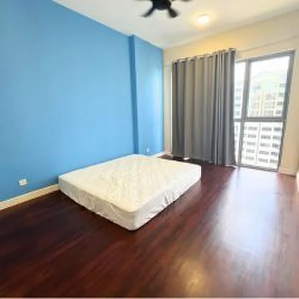 Bedroom features: blue painted walls, laminate flooring, 5-blade ceiling fan, floor-to-ceiling windows, grey curtains, unmade bed with mattress.