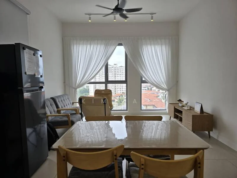 Living features: 3-seater fabric sofa in grey, 2 armchairs in light wood, dining table with 4 wooden chairs, black refrigerator, floor-to-ceiling windows, sheer white curtains, ceiling fan with light, light wood sideboard, decorative items on sideboard; style: modern; view: city.