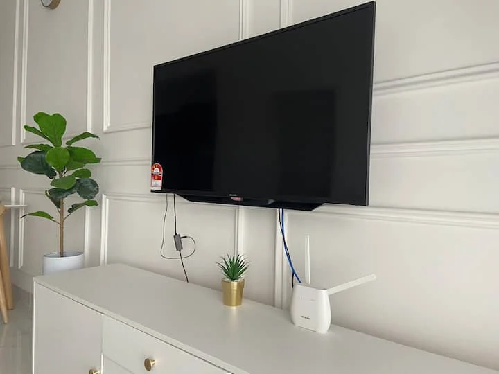 Living features: wall-mounted flat-screen TV, white console cabinet, decorative potted plant, small green plant in gold pot, white wall with paneling, grey flooring, internet router, cable management visible; style: modern.