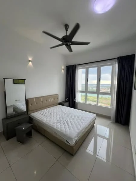 Bedroom features: queen-size bed, upholstered headboard, 2 bedside tables, floor-to-ceiling windows, curtains, 5-blade ceiling fan, white painted walls, glossy tile flooring, decorative wall sconces, mirror with frame; style: modern; view: garden.