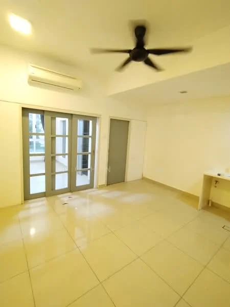 Room features: white painted walls, cream tiled flooring, 5-blade ceiling fan, 1 wall-mounted split AC, double glass doors, grey door, window with view to outdoor space, corner area for potential cabinetry or desk; style: modern.