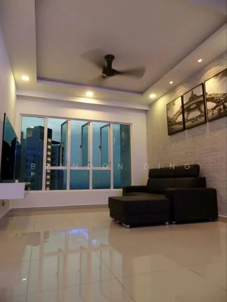 Living features: black leather sectional sofa, 5-blade ceiling fan with light, white painted walls, exposed brick accent wall, glossy tile flooring, floor-to-ceiling windows, curtains, wall-mounted TV console, decorative artwork on wall, recessed lighting; style: modern; view: city.