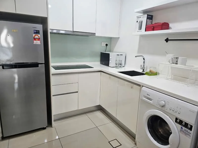 Kitchen features: stainless-steel fridge, built-in oven, induction cooktop, single-bowl stainless-steel sink, chrome pull-down faucet, white cabinetry, white countertop, open shelving, front-load washing machine, grey tile flooring, green glass backsplash, microwave, kettle; style: modern.