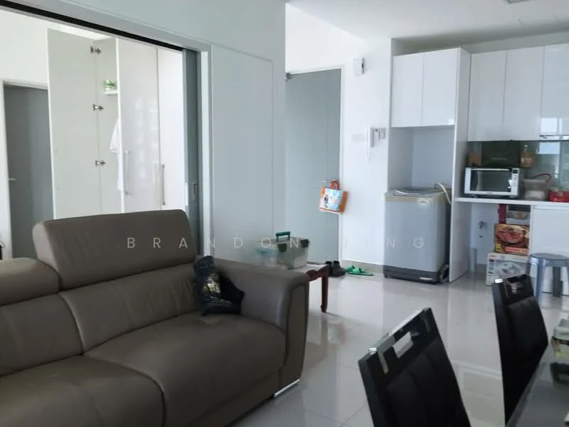 Living features: 3-seater leather sofa in beige, glass coffee table, white tiled flooring, white painted walls, recessed downlights, floor-to-ceiling windows, built-in cabinetry, microwave, stainless-steel fridge, kitchenette with countertop; style: modern. Room features: white painted walls, grey door, unknown flooring.