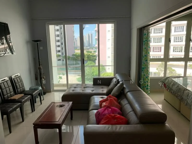 Living features: L-shape sectional sofa in brown, coffee table, 4 black dining chairs, floor-to-ceiling windows, sliding glass door, white painted walls, glossy tile flooring, curtains with floral pattern, decorative wall-mounted TV, view of city skyline; style: modern; view: city.