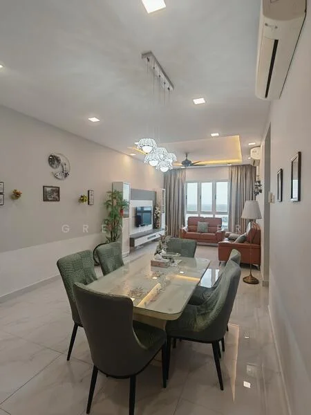 Dining features: marble tile flooring, white painted walls, recessed downlights, 5-blade ceiling fan with light, dining table with glass top, 4 upholstered dining chairs, decorative wall art, indoor plants, TV console, sofa in brown leather, floor-to-ceiling windows with curtains; style: modern; view: city. Living features: sofa in brown leather, coffee table, TV console, recessed downlights, 5-blade ceiling fan with light, floor-to-ceiling windows with curtains; style: modern; view: city.