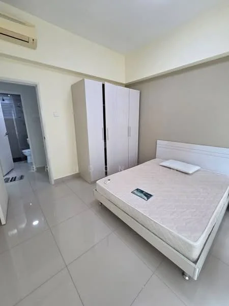 Bedroom features: queen-size bed, white mattress, light grey accent wall, cream painted walls, glossy tile flooring, built-in wardrobe with sliding doors, air conditioning unit, window with natural light; style: modern.