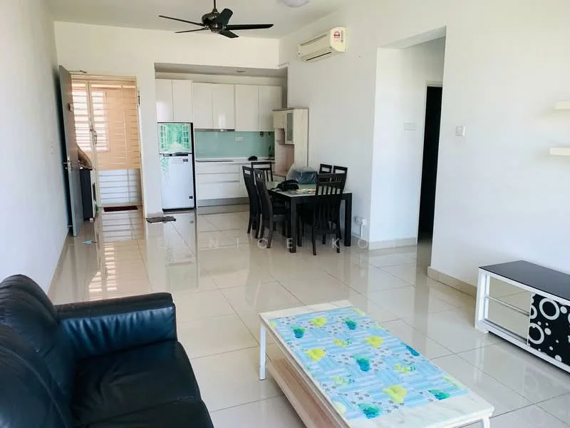 Living features: black leather sofa, coffee table with patterned surface, wall-mounted TV cabinet, white walls, glossy tile flooring, ceiling fan, air conditioning unit, open layout to dining area; style: modern. Dining features: 6-seater dining table, black dining chairs, kitchenette with white cabinetry, glass backsplash, stainless-steel fridge, built-in oven, countertop with sink; style: modern.