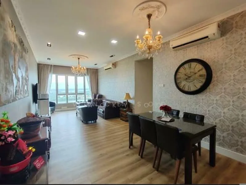 Living features: wooden flooring, chandelier, recessed downlights, wall-mounted air conditioning unit, large windows with city view, decorative wall clock, sofa, coffee table, dining table with chairs, wall wallpaper with floral pattern, decorative artwork, potted plants; style: modern; view: city.