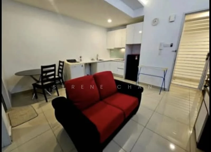 Living features: red fabric sofa, black sofa frame, white painted walls, glossy tile flooring, recessed ceiling lights, open-plan layout, kitchen area visible, dining table with chairs, wall-mounted air conditioning unit; style: modern. Kitchen features: white cabinetry, stainless-steel fridge, built-in oven, ceramic cooktop, sink with faucet, countertop space, tile backsplash; style: modern.