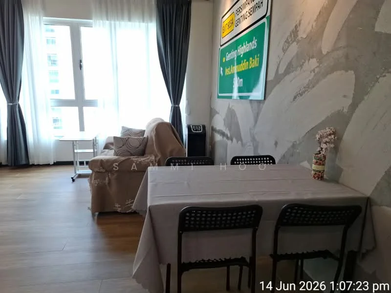 Living features: large floor-to-ceiling windows, grey curtains, light wood flooring, sofa covered with a throw, dining table with four black chairs, decorative vase on the table, wall with textured finish, side table next to the sofa; style: modern.