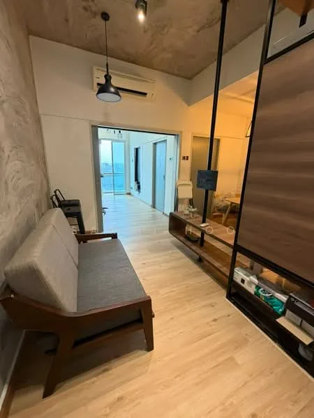 Living features: wooden sofa with grey upholstery, light wood flooring, exposed concrete ceiling, wall-mounted air conditioning unit, wall-mounted TV, glass partition, open layout, natural light from large windows, decorative wall paneling, light fixture with pendant design; style: modern; view: city.