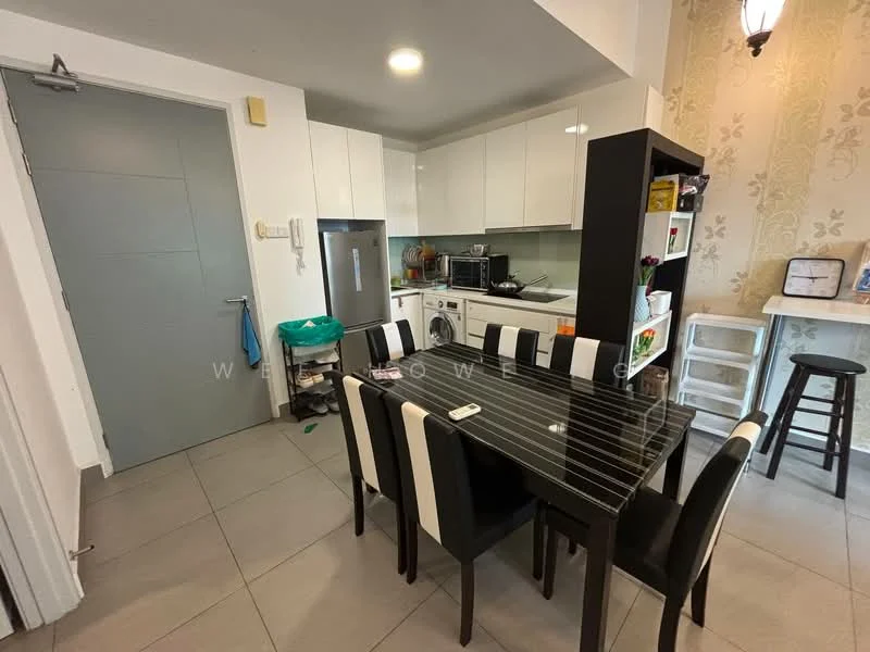Kitchen features: white cabinetry, black dining table with 6 chairs, stainless-steel fridge, built-in oven, microwave, ceramic tile flooring, grey walls, recessed downlights, open shelving, kitchen countertop, sink, wall-mounted cabinets, decorative wallpaper, bar stool, trash bin; style: modern.