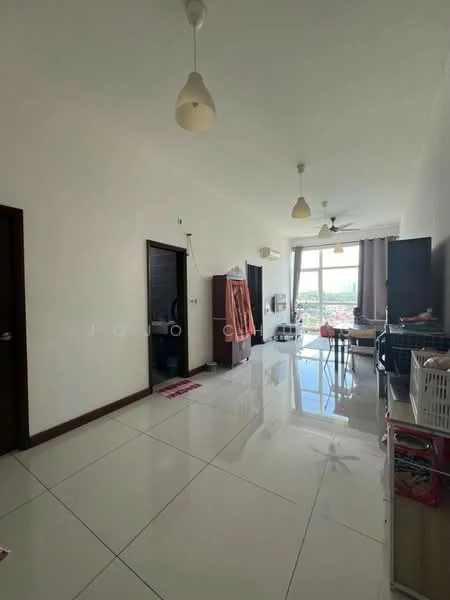 Room features: white painted walls, glossy white tile flooring, ceiling with pendant lights, ceiling fan, large windows with city view, air conditioning unit, dining table with chairs, wooden doors, decorative wall paneling; style: modern; view: city.