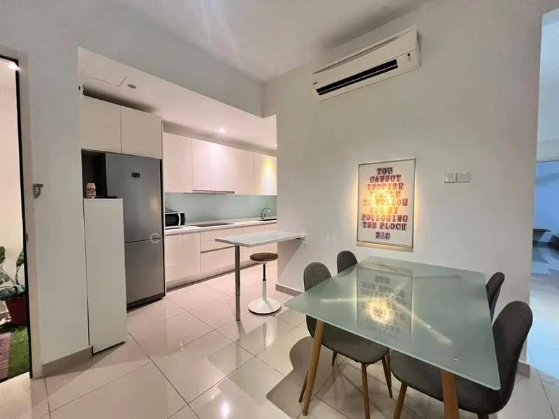 Kitchen features: white cabinetry, stainless-steel fridge, built-in microwave, ceramic tile flooring, white countertop, single-bowl stainless-steel sink, chrome pull-down faucet, recessed downlights, wall-mounted split AC, glass dining table, 4 upholstered dining chairs, decorative wall art; style: modern.