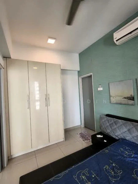 Bedroom features: queen-size bed, upholstered headboard, built-in wardrobe with sliding doors, wall-mounted air conditioning unit, recessed ceiling lights, green accent wall, neutral tile flooring, decorative artwork on wall, nightstand, purple area rug; style: modern.
