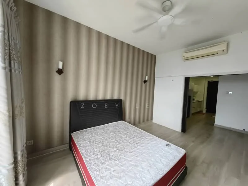 Bedroom features: queen-size bed, upholstered headboard, wooden flooring, striped wallpaper, 2 wall sconces, ceiling fan, air conditioning unit, curtains, open layout to kitchen area; style: modern.