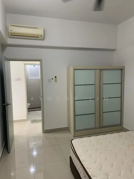 Bedroom features: queen-size bed, upholstered headboard, built-in wardrobe with glass panels, wall-mounted split AC, white painted walls, glossy tile flooring, ceiling fan, window with blinds; style: modern.