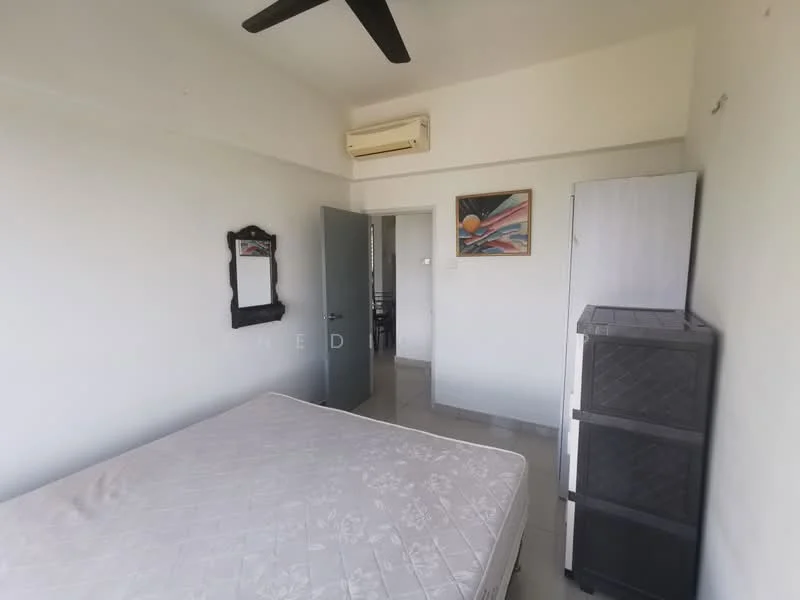 Bedroom features: white painted walls, grey tiled flooring, ceiling fan, window with view, mirror on wall, doorway to hallway, framed artwork on wall, unmade bed with mattress, black storage cabinet.