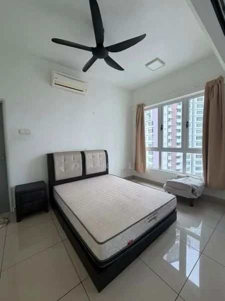 Bedroom features: queen-size bed, upholstered headboard, 2 bedside tables, 5-blade ceiling fan, wall-mounted split AC, floor-to-ceiling windows, sheer curtains, white painted walls, glossy tile flooring, decorative wall light; style: modern; view: city.