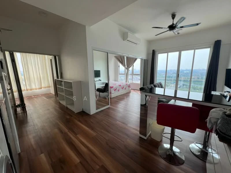 Living features: wooden flooring, 5-blade ceiling fan, floor-to-ceiling windows, curtains, TV mounted on wall, sofa, dining table with chairs, open layout; style: modern; view: city. Bedroom features: wooden flooring, queen-size bed with pink bedding, floor-to-ceiling windows, curtains, TV mounted on wall; style: modern; view: city.
