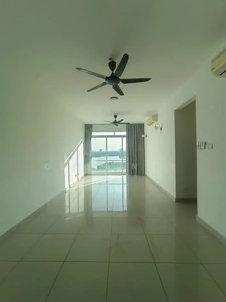 Living features: white painted walls, glossy ceramic tile flooring, 5-blade ceiling fan with light, 2 wall-mounted split AC units, floor-to-ceiling windows, curtains, natural light, view of water, recessed lighting; style: modern; view: sea.