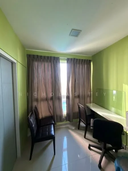 Study features: green painted walls, floor-to-ceiling windows, sheer curtains, white desk, black office chair, two black leather chairs, glossy tile flooring, ceiling light; style: modern; view: city.