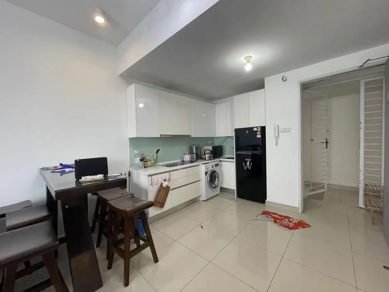 Kitchen features: white cabinetry, grey backsplash, stainless-steel sink, chrome pull-down faucet, built-in oven, freestanding range oven, microwave, washing machine, black refrigerator, tile flooring, recessed downlights, table with stools, open layout; style: modern. Room features: white walls, tile flooring, doorway leading to another room.