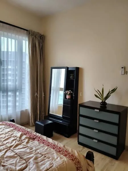 Bedroom features: queen-size bed with patterned bedding, wooden flooring, floor-to-ceiling window with sheer curtains, black dresser with glass-front drawers, black stool, mirror on dresser, decorative plant on dresser, light beige painted walls; style: modern; view: city.