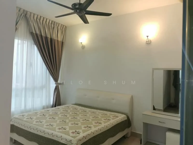 Bedroom features: queen-size bed with upholstered headboard, bedside lamps, dressing table with mirror, light-colored bedding with floral pattern, floor-to-ceiling windows, sheer curtains, dark wood flooring, ceiling fan with light, wall-mounted sconces; style: modern.