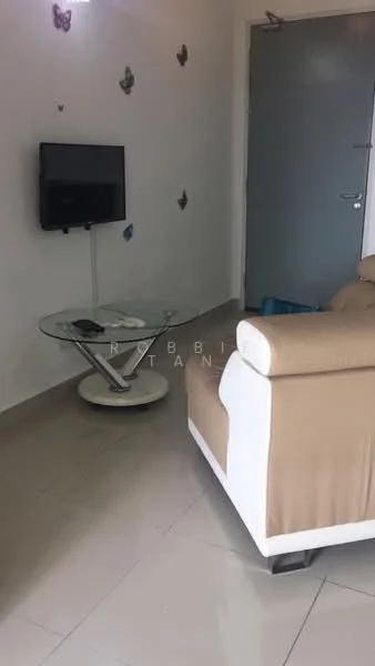 Living features: cream painted walls, glossy tile flooring, sofa with beige upholstery, glass coffee table with chrome base, wall-mounted TV, decorative butterflies on wall, floor lamp, sliding door, window with no visible treatment; style: modern.