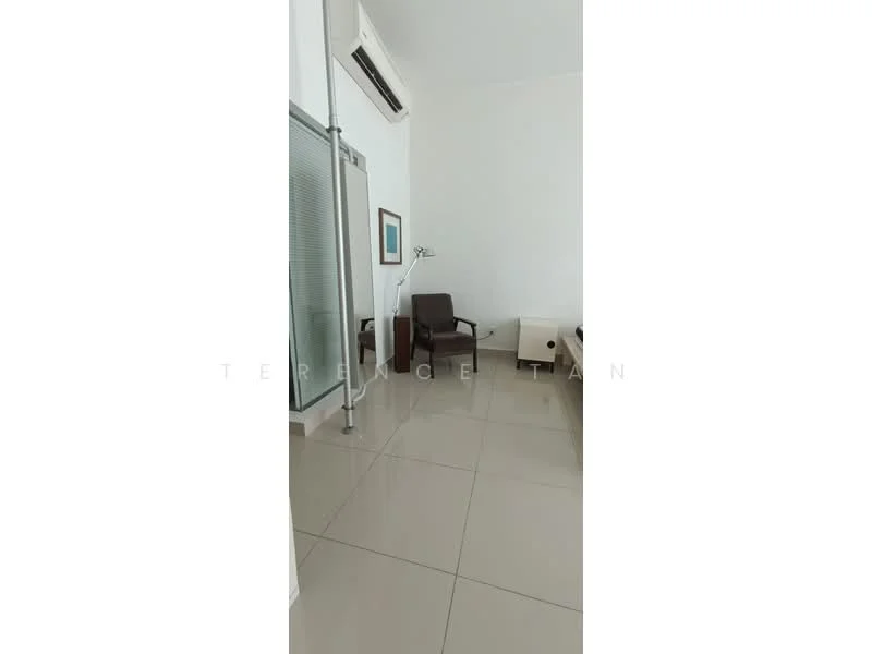 Room features: wall-mounted split AC, floor-to-ceiling windows, light-colored walls, glossy tile flooring, modern floor lamp, single armchair in brown, side table, minimalist decor; style: modern.