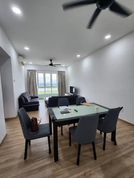 Living features: grey fabric sofa, 3-seater sofa, black coffee table, 4 grey dining chairs, ceiling fan with light, wall-mounted TV, floor-to-ceiling windows, sheer curtains, wooden flooring, white painted walls, recessed downlights; style: modern; view: garden.