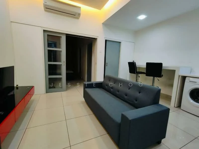Living features: grey fabric sofa, flat-screen TV mounted on wall, red TV console, white walls, tile flooring, recessed ceiling lights, wall-mounted air conditioning unit, open layout, dining table with black chairs, washing machine, doorway leading to other rooms; style: modern.