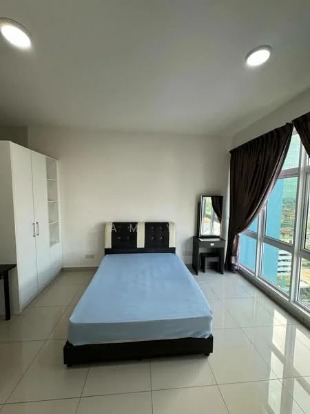 Bedroom features: queen-size bed with blue mattress, black upholstered headboard, white wardrobe with glass doors, black bedside table, mirror on the table, floor-to-ceiling windows, brown curtains, white painted walls, glossy tile flooring, recessed ceiling lights; style: modern; view: city.