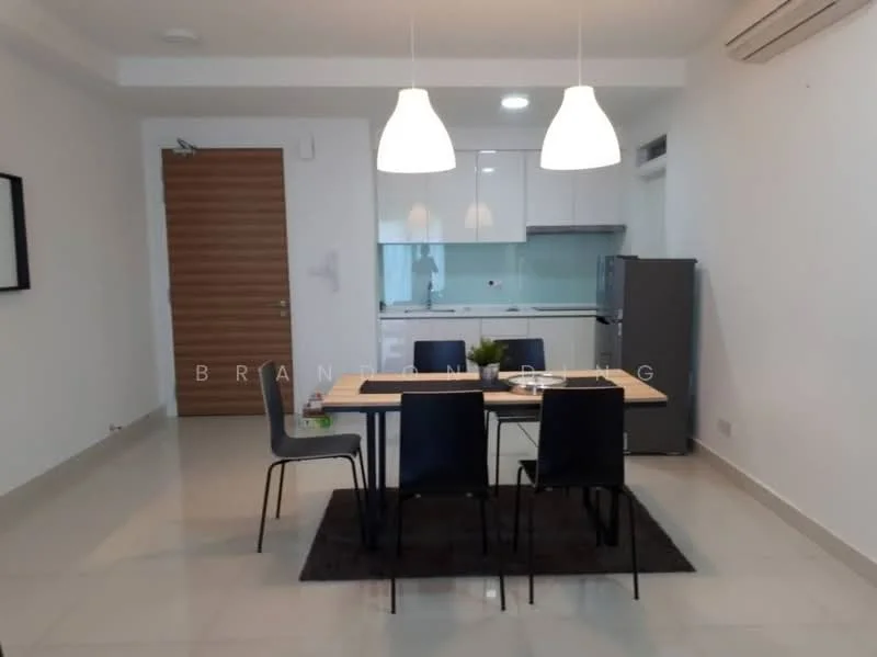 Dining features: dining table with 4 chairs, pendant lighting, refrigerator, white cabinetry, grey countertop, stainless-steel sink, built-in oven, ceramic tile flooring, air conditioning unit, wall-mounted light switch, neutral wall colour, rug under dining table; style: modern. Kitchen features: white cabinetry, grey countertop, built-in oven, stainless-steel sink, refrigerator; style: modern.