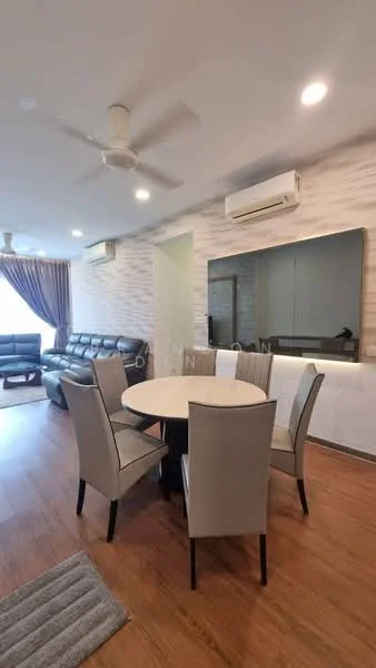 Dining features: round dining table, 6 upholstered dining chairs, wooden flooring, wall-mounted mirror, recessed downlights, 2 wall-mounted split AC units, curtains, decorative wall paneling; style: modern. Living features: 3-seater leather sofa, 2-seater leather sofa, wooden flooring, recessed downlights, wall-mounted TV, decorative wall paneling; style: modern.