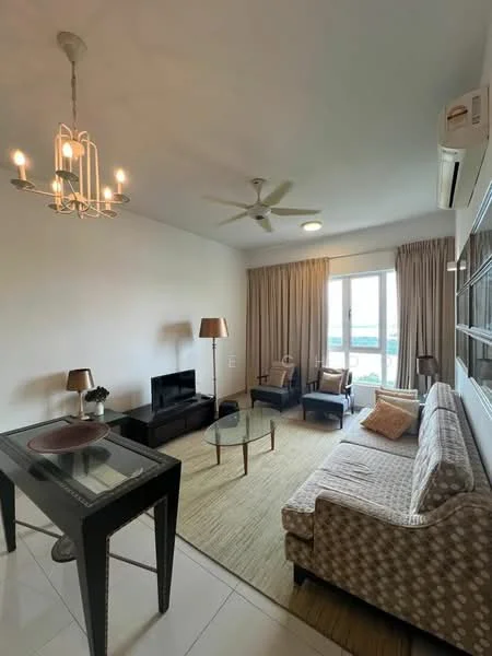 Living features: 3-seater fabric sofa in beige with patterned upholstery, 2 armchairs in dark wood, glass coffee table, side table with lamp, TV console, wall-mounted TV, area rug with neutral tones, ceiling fan with 3 blades, chandelier with multiple bulbs, floor-to-ceiling windows with sheer curtains, white painted walls, tile flooring; style: modern; view: city.