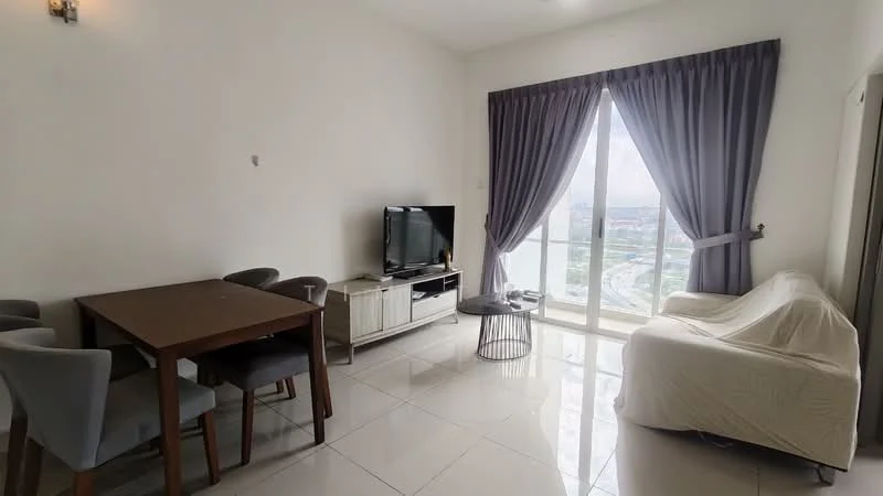 Living features: white painted walls, glossy tile flooring, floor-to-ceiling windows, grey curtains, sofa covered with white fabric, black metal side table, TV console in white, flat-screen TV, dining table with four grey upholstered chairs; style: modern; view: city.