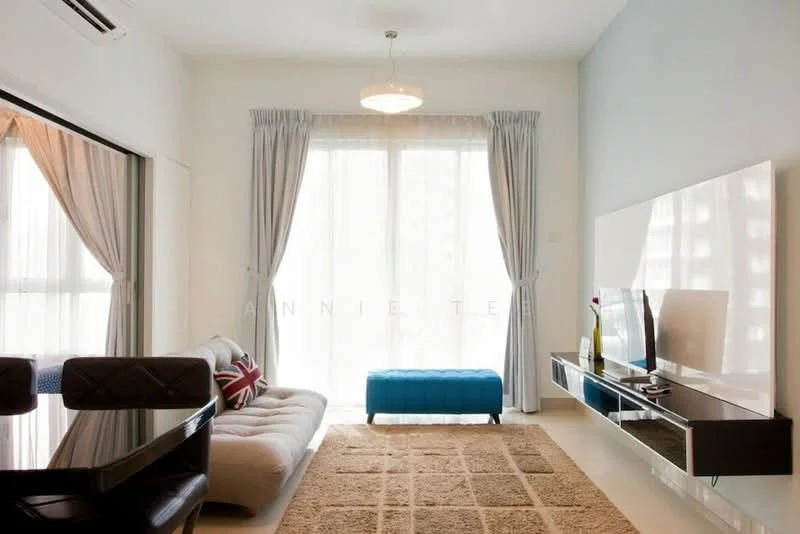 Living features: 3-seater fabric sofa in white, blue ottoman, wall-mounted TV, TV console with storage, area rug with beige color, floor-to-ceiling windows, sheer curtains, chandelier with modern design, decorative wall with light color, dining table with black chairs; style: modern.