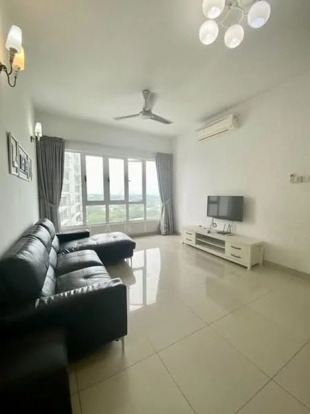 Living features: 3-seater black leather sofa, white TV console, wall-mounted TV, ceiling fan, recessed downlights, floor-to-ceiling windows, grey curtains, white painted walls, glossy tile flooring; style: modern; view: city.