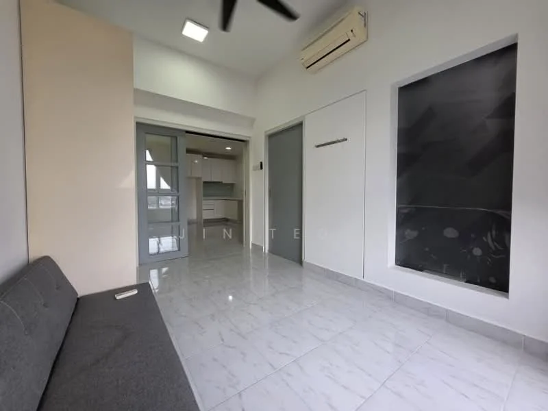 Room features: grey fabric sofa, white painted walls, marble tile flooring, recessed downlights, wall-mounted split AC, sliding glass door, built-in cabinet, large window with city view; style: modern; view: city.