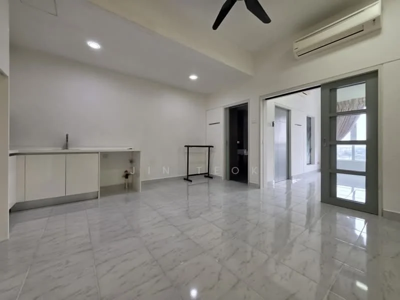 Room features: white painted walls, marble tile flooring, recessed downlights, 5-blade ceiling fan, wall-mounted split AC, single-bowl stainless-steel sink, kitchen cabinetry, open layout, large windows, door leading to another room; style: modern; view: city.