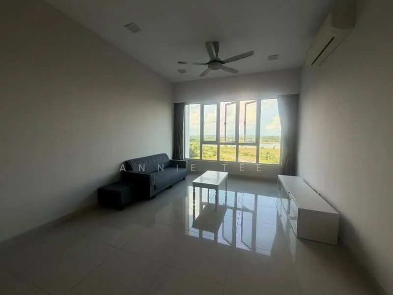Living features: 3-seater fabric sofa in grey, glass coffee table, white TV console, floor-to-ceiling windows, sliding glass door, white painted walls, polished ceramic tile flooring, 1 wall-mounted split AC, 5-blade ceiling fan with light; style: modern; view: garden.