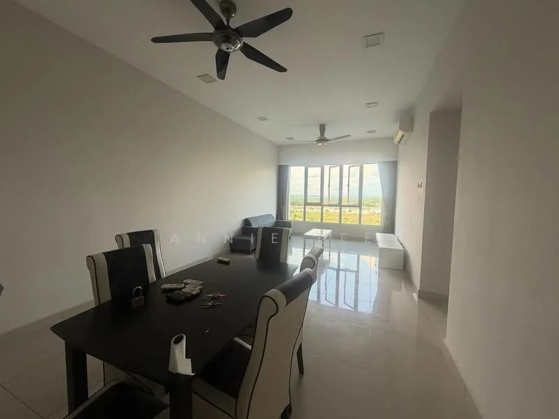 Dining features: dining table with 6 chairs, white walls, large floor-to-ceiling windows, grey curtains, polished ceramic tile flooring, 2 ceiling fans, recessed downlights, side bench, view of greenery; style: modern; view: garden.