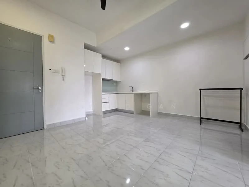 Room features: white painted walls, marble tile flooring, ceiling with recessed downlights, single-bowl stainless-steel sink, white cabinetry, kitchen countertop, wall-mounted kitchen cabinet, open layout, window with natural light, door to hallway; style: modern.