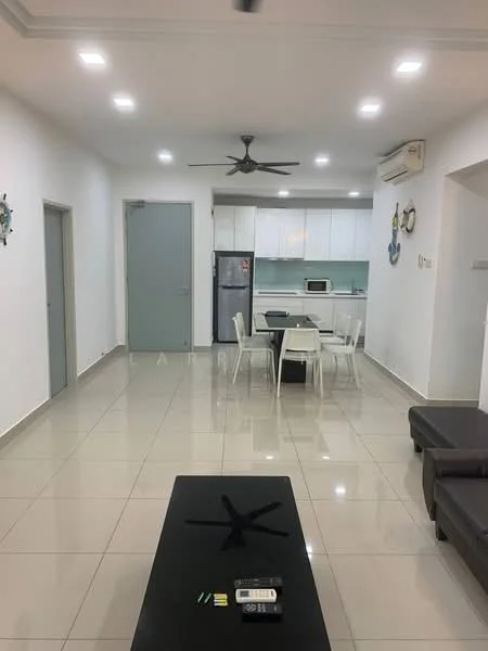 Living features: white painted walls, glossy ceramic tile flooring, recessed LED downlights, 5-blade ceiling fan, black coffee table, grey sectional sofa, dining table with 4 chairs, stainless-steel fridge, built-in microwave, white cabinetry, kitchen countertop, open layout to kitchen, air conditioning unit; style: modern.